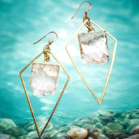 14K Gold Electroplated Raw Amethyst Druzy Geometric Earrings - Picture 2 of 5